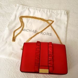 Michael Kors Jade Medium Gusset Clutch/Crossbody/Shoulder Bag Red Gold Chain